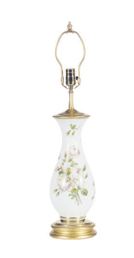 A FRENCH OPAQUE WHITE AND PINK FLORAL DECORATED TEAR-DROP FORM VASE MOUNTED AS A LAMP,