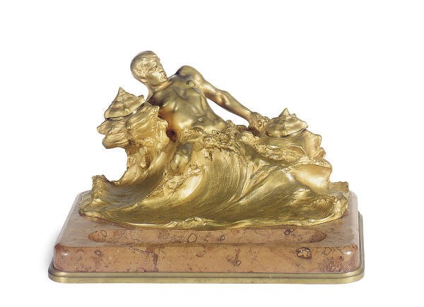 A GILT-BRONZE AND MARBLE FIGURAL INKWELL,