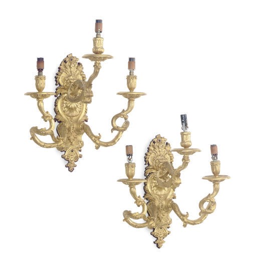 A PAIR OF FRENCH GILT-COMPOSITION THREE-BRANCH WALL-LIGHTS,