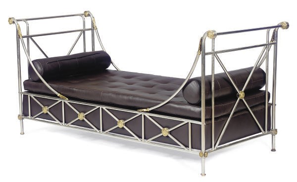 A STAINLESS STEEL, PARCEL-GILT AND BROWN LEATHER UPHOLSTERED DAYBED,