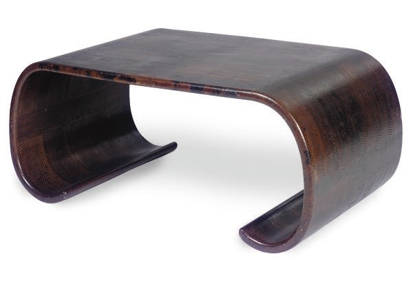 A SNAKESKIN COVERED SCROLL-FORM LOW TABLE,