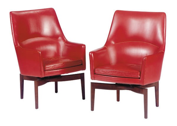 A PAIR OF TEAK AND RED LEATHER-UPHOLSTERED SWIVEL ARMCHAIRS,