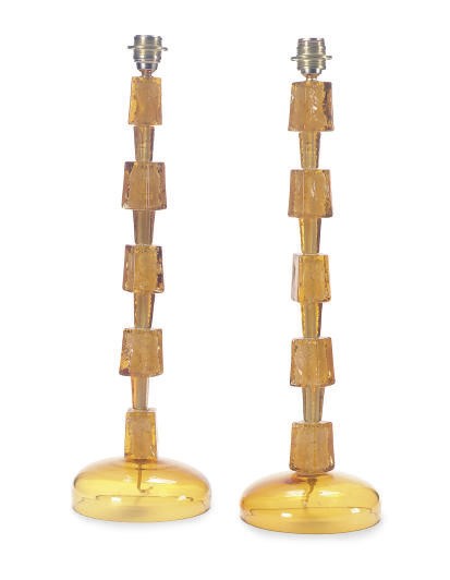 A PAIR OF AMBER GLASS TABLE LAMPS,