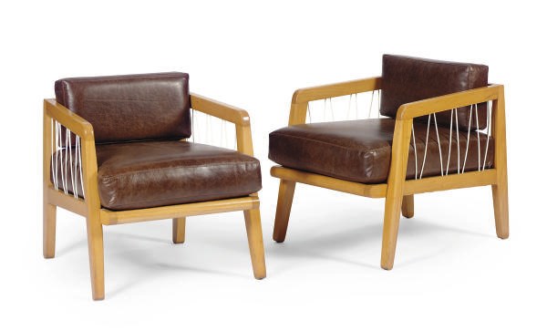 A PAIR OF ASH, VINYL AND LEATHER CHAIRS,