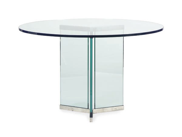 A GLASS AND CHROMED-METAL ROUND DINING TABLE,