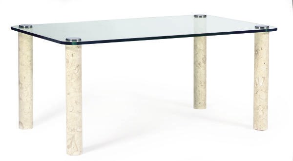 A GLASS, CHROMED-METAL AND MARBLE DINING TABLE,