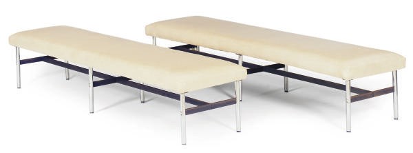A PAIR OF CHROMED-METAL, STEEL AND LEATHER BENCHES,
