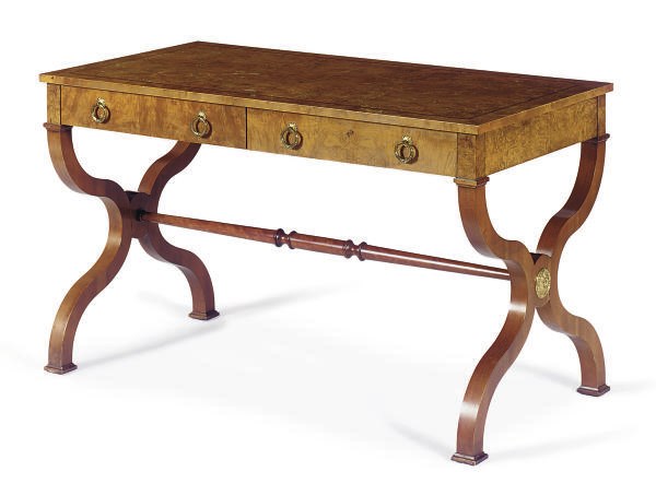 A MAPLE AND WALNUT TWO-DRAWER DESK,