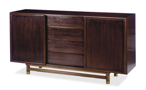 A MAHOGANY AND BRASS SIDEBOARD,