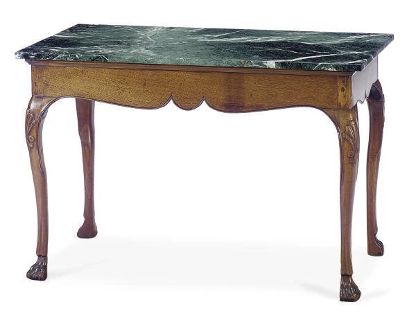 AN IRISH MAHOGANY AND MARBLE TOP CENTER TABLE,