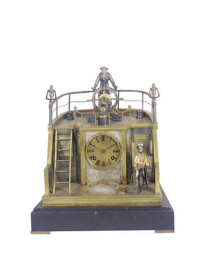 A FRENCH SILVERED AND GILT-METAL FIGURAL AUTOMATION MANTELCLOCK,