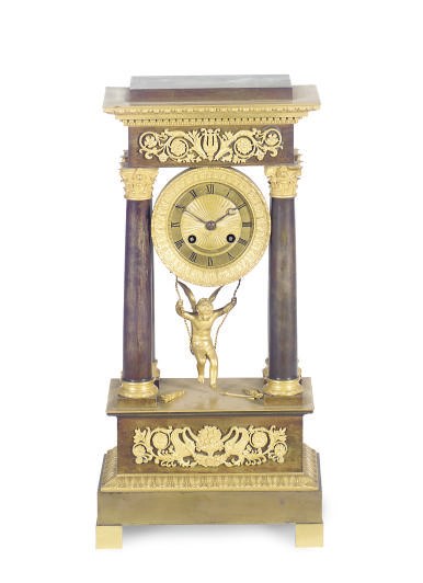 A FRENCH PATINATED AND GILT-METAL FIGURAL MANTELCLOCK,