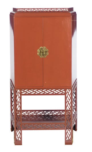 A RED-LACQUERED CABINET-ON-STAND,