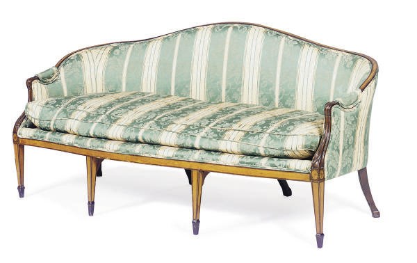 A MAHOGANY, SATINWOOD AND UPHOLSTERED SOFA,