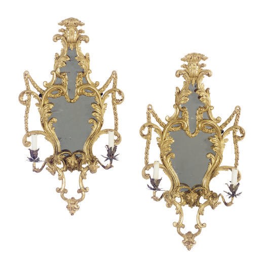 A PAIR OF ENGLISH GILTWOOD TWO-LIGHT GIRANDOLES