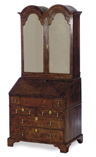 AN ENGLISH WALNUT AND BURL WALNUT SECRETARY-BOOKCASE,
