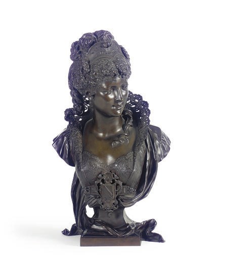 A FRENCH PATINATED BRONZE BUST OF A LADY,