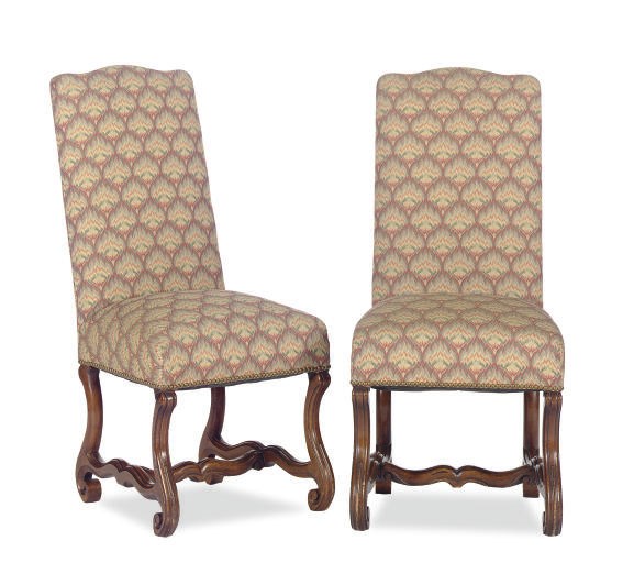 A PAIR OF FRUITWOOD AND UPHOLSTERED SIDE CHAIRS,