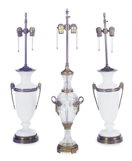 A PAIR OF GILT-BRONZE MOUNTED OPALINE VASES MOUNTED AS TABLE LAMPS,