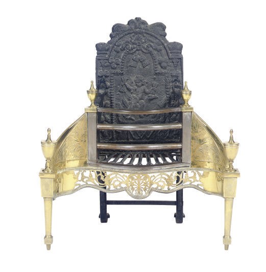 A BRASS, STEEL AND IRON FIRE BASKET,