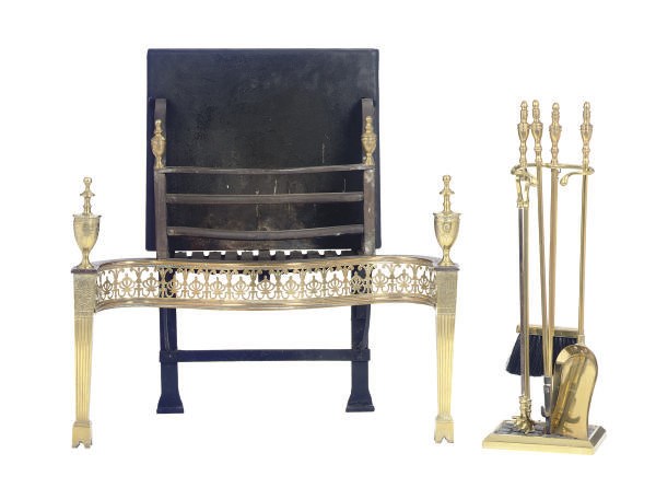 A VICTORIAN BRASS AND STEEL FIRE BASKET,