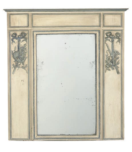 A CREAM AND BLUE PAINTED OVERMANTEL MIRROR,