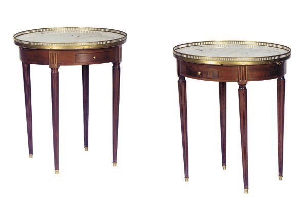 A PAIR OF MAHOGANY AND MARBLE GUERIDONS,