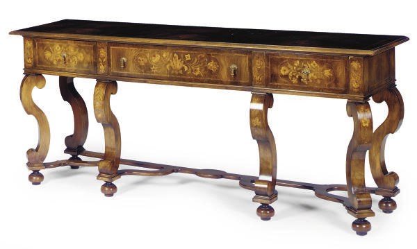 AN ENGLISH WALNUT AND FLORAL MARQUETRY SIDE TABLE,