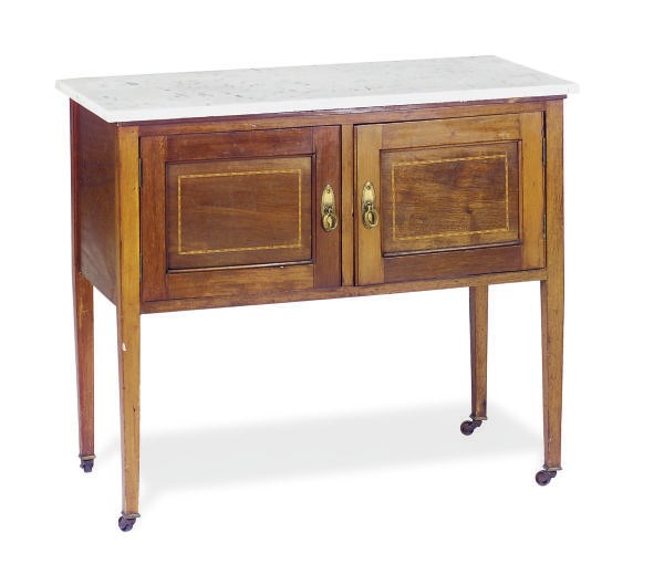 AN INLAID WALNUT AND MARBLE-TOP SIDE CABINET,