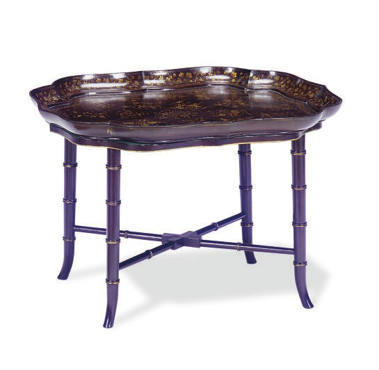 A VICTORIAN SCARLET AND PARCEL-GILT PAPIER MACHE TRAY-ON-STAND,