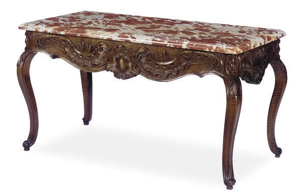 A FRENCH PROVINCIAL WALNUT AND MARBLE-TOP CENTER TABLE,