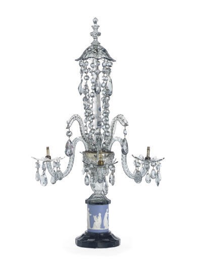 A PAIR OF JASPERWARE MOUNTED CUT-GLASS FOUR-LIGHT WALL-LIGHTS,