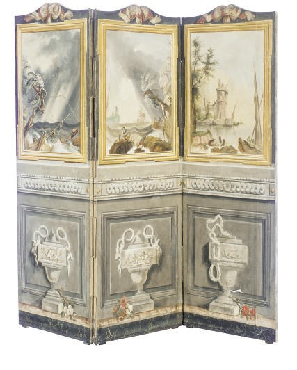 A PAINTED THREE-PANEL FLOOR SCREEN,