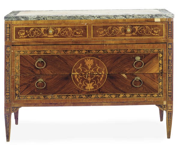 AN ITALIAN NEOCLASSICAL ROSEWOOD, MARQUETRY AND MARBLE-TOP COMMODE**,