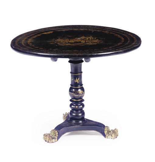 A CHINESE EXPORT BLACK AND GILT-LACQUER TILT-TOP TRIPOD TABLE,