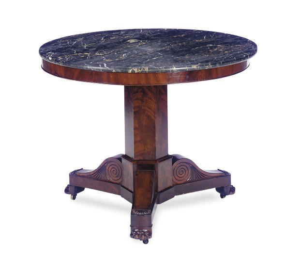A LOUIS PHILIPPE MAHOGANY AND PORTOR MARBLE TOP CENTER TABLE,