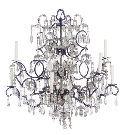 A CONTINENTAL SILVERED-METAL, ROCK-CRYSTAL AND CUT-GLASS EIGHT-LIGHT CHANDELIER,