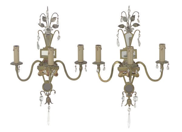 A PAIR OF GILT-METAL AND GLASS THREE-BRANCH WALL LIGHTS,