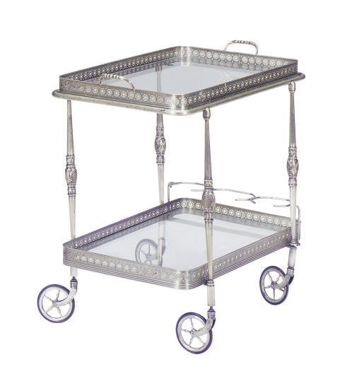 A SILVERED-METAL AND GLASS DRINKS TROLLEY,