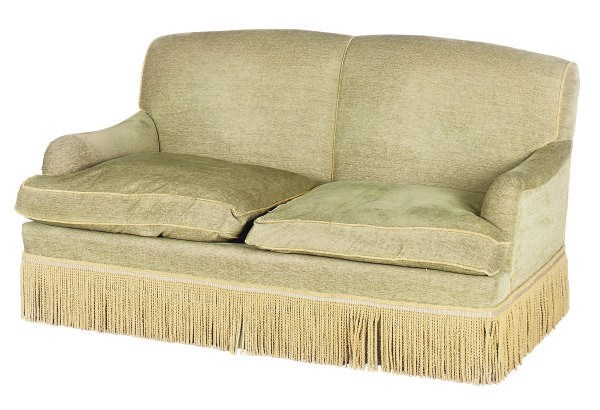 A GREEN-UPHOLSTERED TWO SEAT SOFA,
