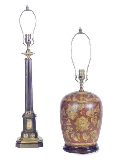 A RED AND GILT-GLAZED CERAMIC TABLE LAMP,