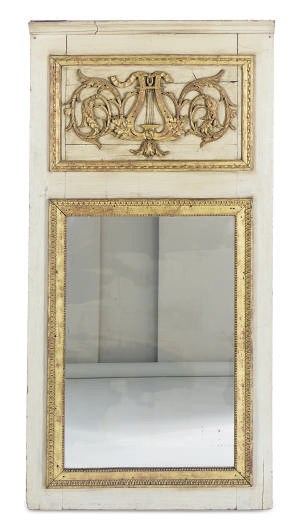 A LOUIS XVI GREEN-PAINTED AND PARCEL-GILT TRUMEAU MIRROR,