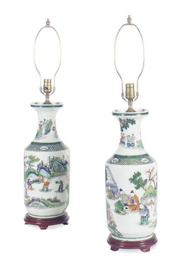 A PAIR OF CHINESE PORCELAIN POLYCHROME-DECORATED VASES MOUNTED AS LAMPS,