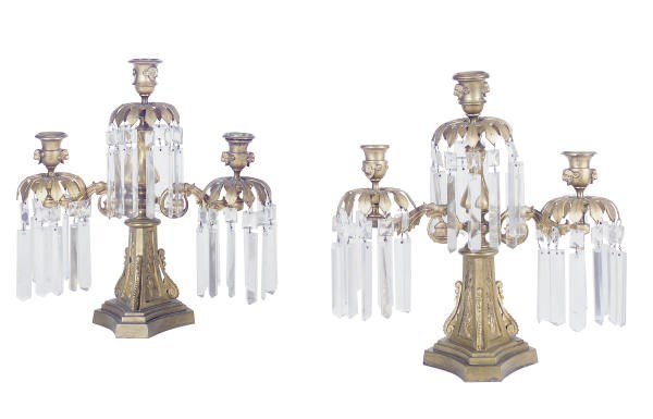 A PAIR OF AMERICAN GILT-BRONZE AND CUT-GLASS THREE-LIGHT GIRANDOLES,