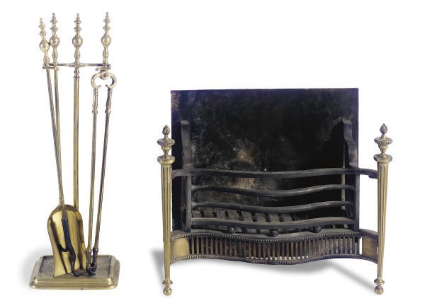 AN ENGLISH BRASS AND IRON FIRE BASKET,