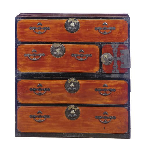 A JAPANESE IRON-MOUNTED HARDWOOD TWO-PART CHEST-OF-DRAWERS,
