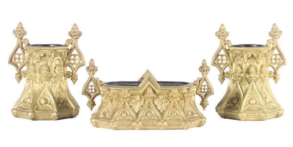 A GILT-BORNZE THREE-PIECE TABLE GARNITURE,