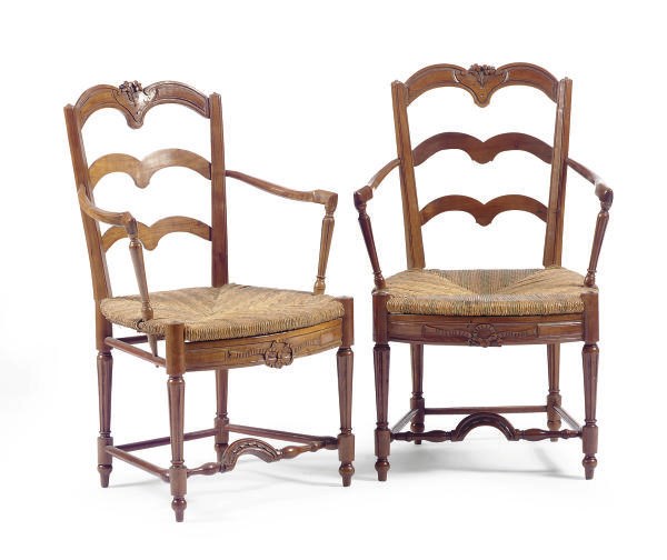 A PAIR OF FRENCH PROVINCIAL CHERRYWOOD AND RUSH-SEAT FAUTEUILS,