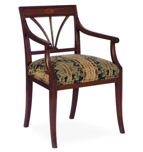 AN INLAID MAHOGANY OPEN ARMCHAIR,