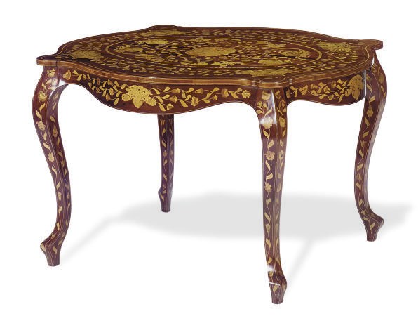 A WALNUT AND FLORAL MARQUETRY CENTER TABLE,